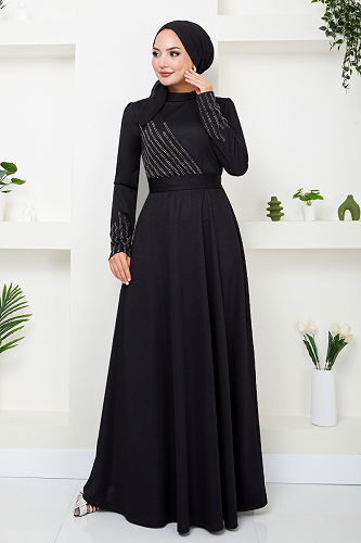 moda selvim Taş Detaylı Abiye 274DVL897-M Siyah - Thumbnail