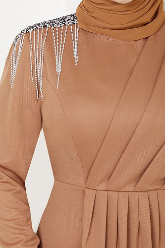 moda selvim Taş Detaylı Abiye 4046KTR927-M Taba - Thumbnail