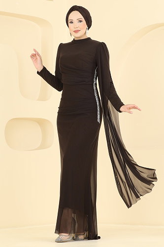 moda selvim Taş Detaylı Abiye 4786ALG474 Acı Kahve - Thumbnail