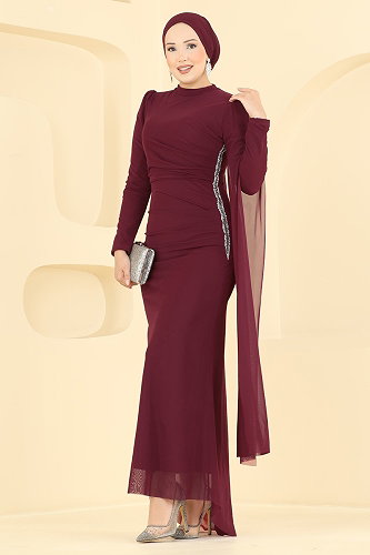 moda selvim Taş Detaylı Abiye 4786ALG474 Bordo - Thumbnail