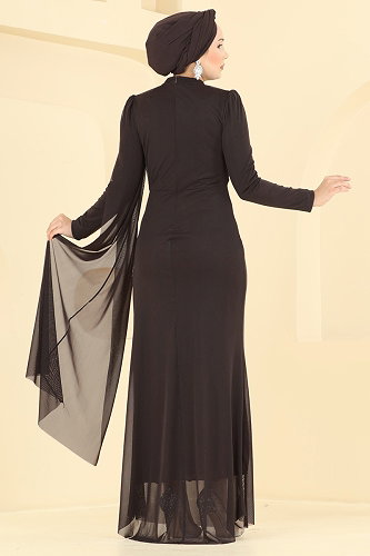 moda selvim Taş Detaylı Abiye 4786ALG474 Koyu Kahve - Thumbnail