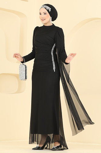 moda selvim Taş Detaylı Abiye 4786ALG474 Siyah - Thumbnail