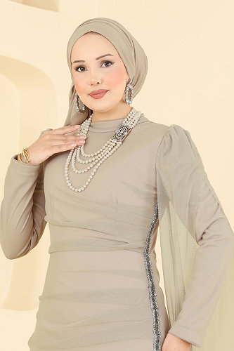 moda selvim Taş Detaylı Abiye 4786ALG474 Taş - Thumbnail