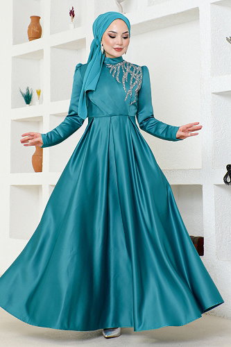 moda selvim Taş Detaylı Abiye ABY5725-M Petrol - Thumbnail