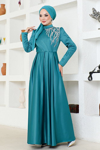 moda selvim Taş Detaylı Abiye ABY5725-M Petrol - Thumbnail