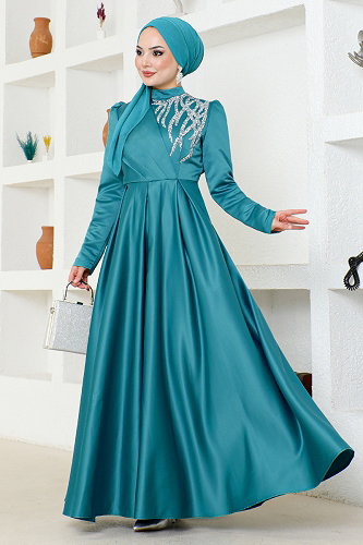 moda selvim Taş Detaylı Abiye ABY5725-M Petrol - Thumbnail