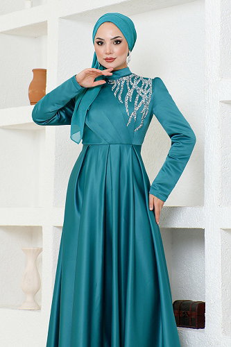 moda selvim Taş Detaylı Abiye ABY5725-M Petrol - Thumbnail