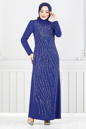 moda selvim Taş Detaylı Abiye Elbise 4408MDH1093-M Saks - Thumbnail