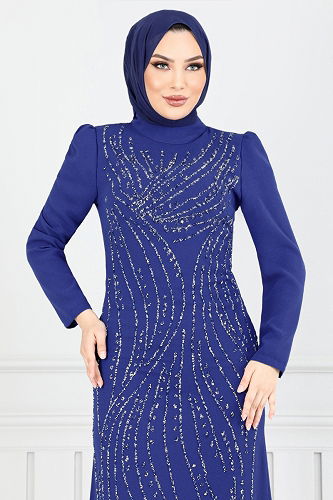 moda selvim Taş Detaylı Abiye Elbise 4408MDH1093-M Saks - Thumbnail