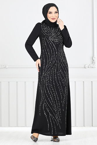 moda selvim Taş Detaylı Abiye Elbise 4408MDH1093-M Siyah - Thumbnail