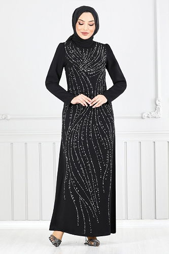 moda selvim Taş Detaylı Abiye Elbise 4408MDH1093-M Siyah - Thumbnail