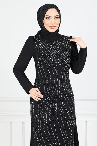 moda selvim Taş Detaylı Abiye Elbise 4408MDH1093-M Siyah - Thumbnail