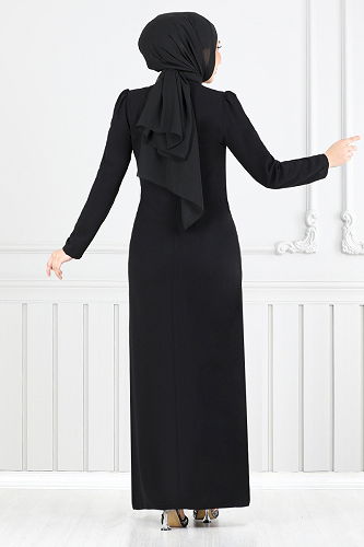 moda selvim Taş Detaylı Abiye Elbise 4408MDH1093-M Siyah - Thumbnail