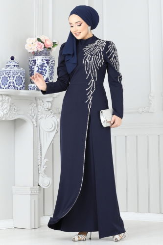 moda selvim Taş Detaylı Abiye Elbise 8001YG95 Laci - Thumbnail