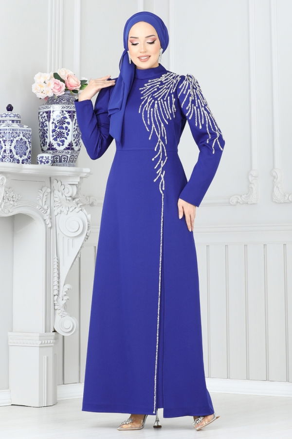 Modaselvim ABİYE Taş Detaylı Abiye Elbise 8001YG95 Saks