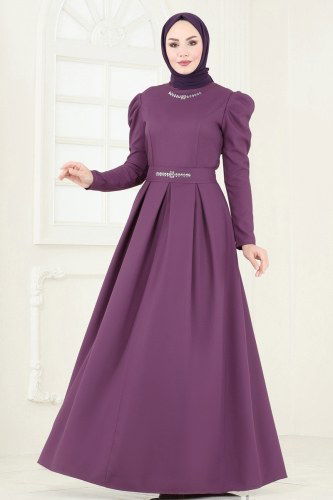 moda selvim Taş Detaylı Abiye Elbise ASM2774 Koyu Lila - Thumbnail