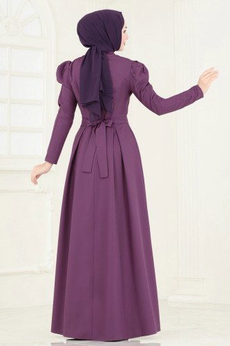 moda selvim Taş Detaylı Abiye Elbise ASM2774 Koyu Lila - Thumbnail