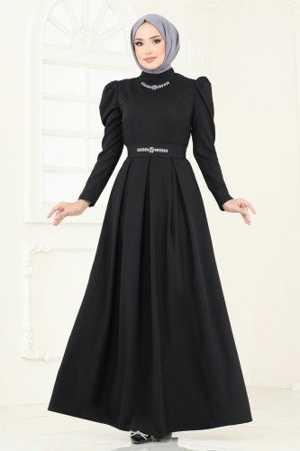 moda selvim Taş Detaylı Abiye Elbise ASM2774 Siyah - Thumbnail