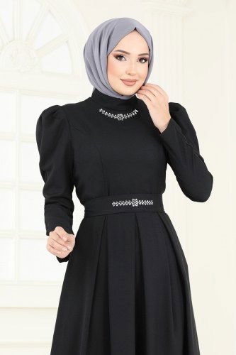 moda selvim Taş Detaylı Abiye Elbise ASM2774 Siyah - Thumbnail