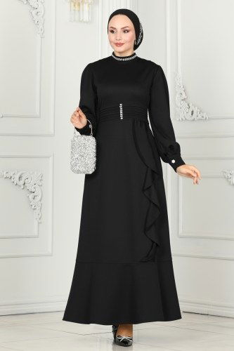 moda selvim Taş Detaylı Abiye Elbise PL9071 Siyah - Thumbnail