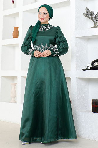 moda selvim Taş Detaylı Abiye LPN6016-M Zümrüt - Thumbnail