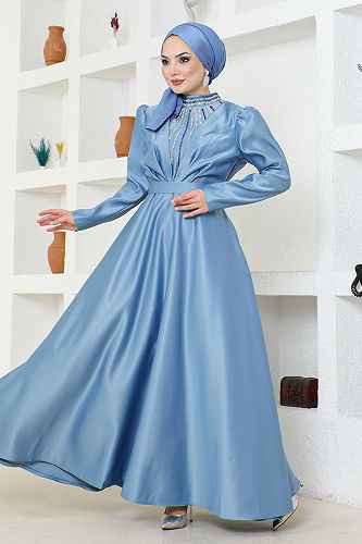 moda selvim Taş Detaylı Abiye YGS6559-M Mavi - Thumbnail