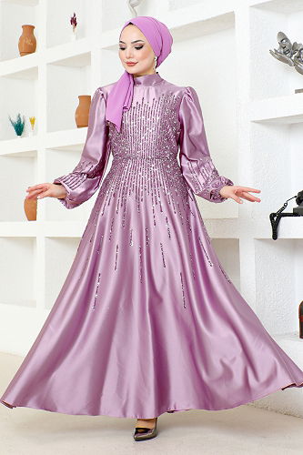 moda selvim Taş Detaylı Abiye YGS6561-M Gül Kurusu - Thumbnail