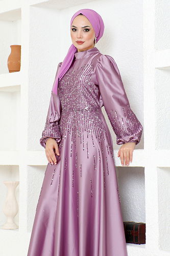 moda selvim Taş Detaylı Abiye YGS6561-M Gül Kurusu - Thumbnail