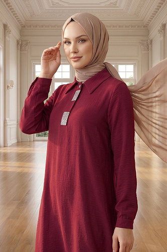 moda selvim Taş Detaylı Aerobin Tunik 5010BM387 Bordo - Thumbnail