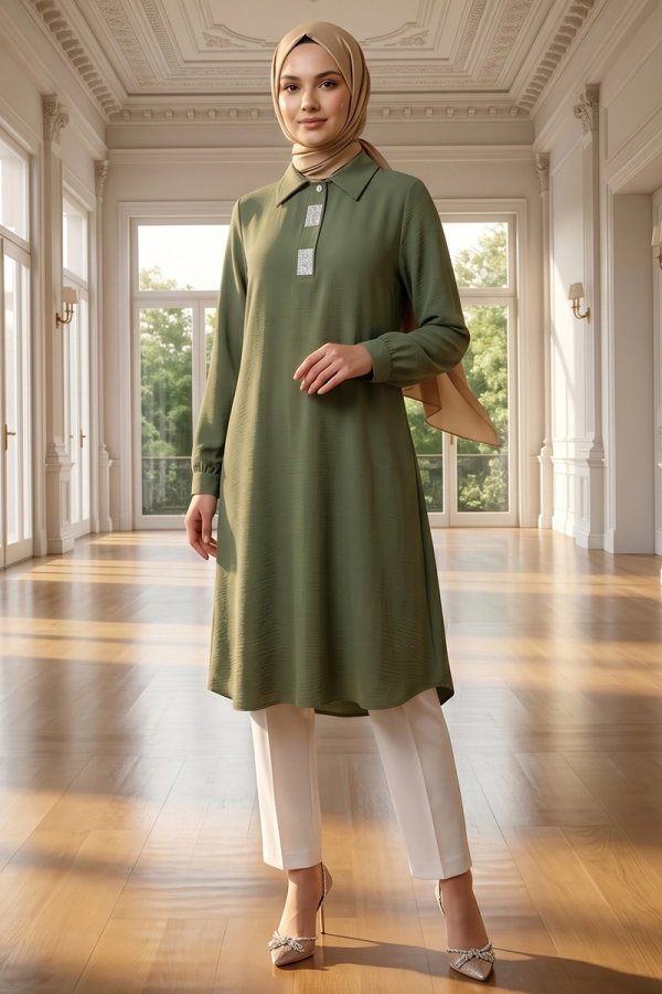 Modaselvim Tunik Taş Detaylı Aerobin Tunik 5010BM387 Haki
