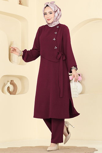 moda selvim Taş Detaylı Bağlamalı 2 li Takım 2883SLK540 Bordo - Thumbnail