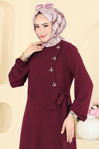 moda selvim Taş Detaylı Bağlamalı 2 li Takım 2883SLK540 Bordo - Thumbnail