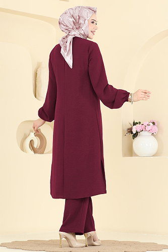 moda selvim Taş Detaylı Bağlamalı 2 li Takım 2883SLK540 Bordo - Thumbnail