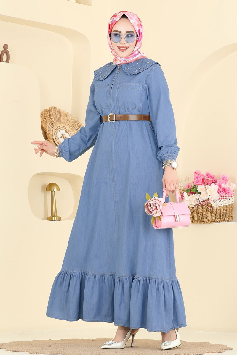 Taş Detaylı Bebe Yaka Elbise 6141ORG1169 Açık Kot