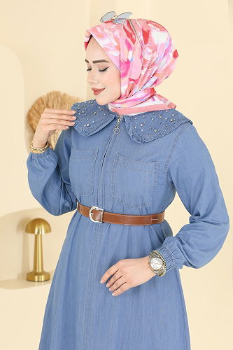 moda selvim Taş Detaylı Bebe Yaka Elbise 6141ORG1169 Açık Kot - Thumbnail