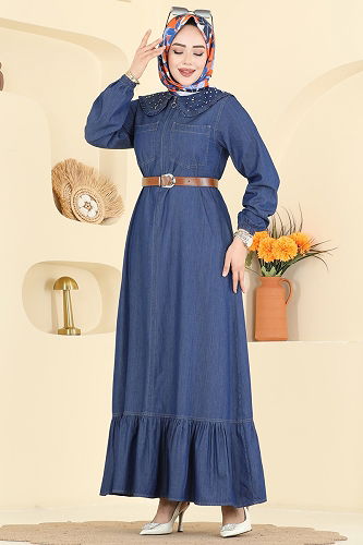 moda selvim Taş Detaylı Bebe Yaka Elbise 6141ORG1169 Koyu Kot - Thumbnail