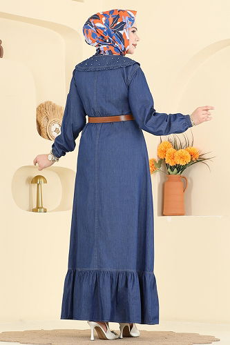 moda selvim Taş Detaylı Bebe Yaka Elbise 6141ORG1169 Koyu Kot - Thumbnail