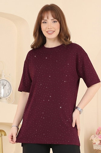 moda selvim Taş Detaylı Bluz 2804AYD574 Mürdüm - Thumbnail