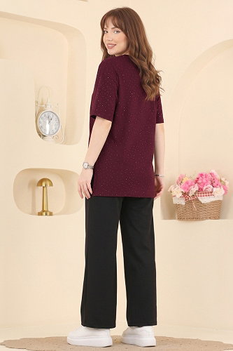 moda selvim Taş Detaylı Bluz 2804AYD574 Mürdüm - Thumbnail