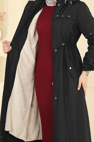 moda selvim Taş Detaylı Bondit Trençkot 2823MSA980 Siyah - Thumbnail
