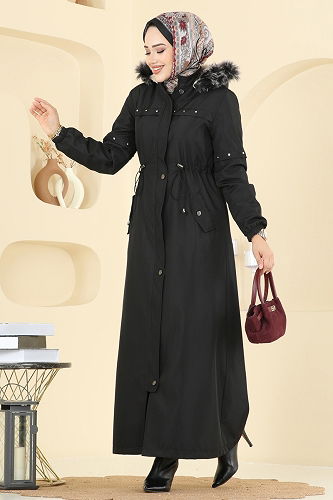 moda selvim Taş Detaylı Bondit Trençkot 2823MSA980 Siyah - Thumbnail