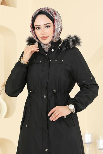 moda selvim Taş Detaylı Bondit Trençkot 2823MSA980 Siyah - Thumbnail