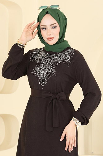 moda selvim Taş Detaylı Bürümcük Elbise 810PM271 Kahve - Thumbnail