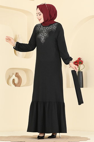 moda selvim Taş Detaylı Bürümcük Elbise 810PM271 Siyah - Thumbnail