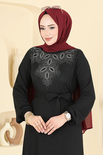 moda selvim Taş Detaylı Bürümcük Elbise 810PM271 Siyah - Thumbnail