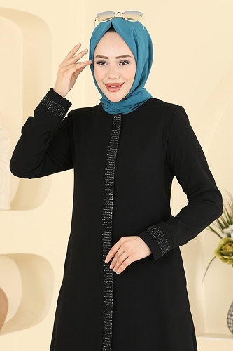 moda selvim Taş Detaylı Cepli Ferace 2091OZT1013 Siyah - Thumbnail