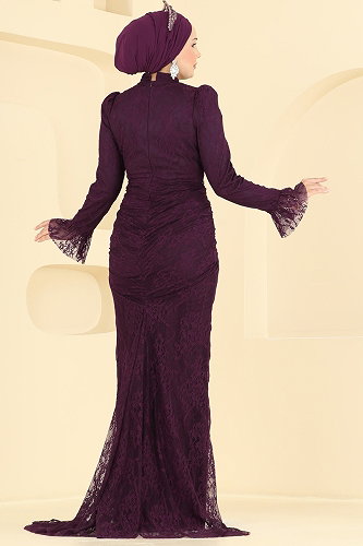 moda selvim Taş Detaylı Dantel Abiye 5726DMNK1166 Mürdüm - Thumbnail