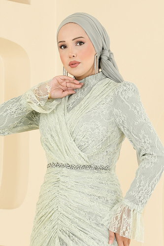 moda selvim Taş Detaylı Dantel Abiye 5726DMNK1166 Su Yeşili - Thumbnail