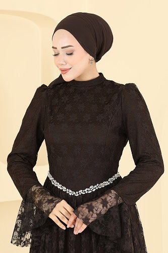 moda selvim Taş Detaylı Dantel Abiye 5775EDF311 Kahve - Thumbnail