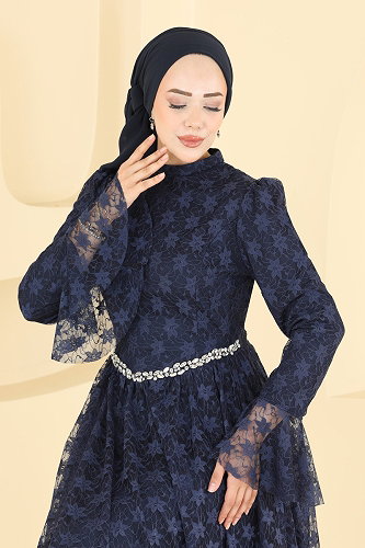 moda selvim Taş Detaylı Dantel Abiye 5775EDF311 Laci - Thumbnail